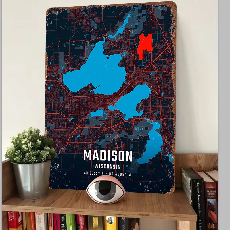 Madison Wisconsin City Map Metal Wall Art Modern Home Decor with Lake and Street Details