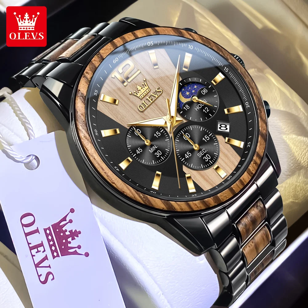 OLEVS 3645 Men's Watch Luxury Brand Original Quartz Watch Top Solid Wood Multi functional Waterproof Moonphase Timing Watch Men
