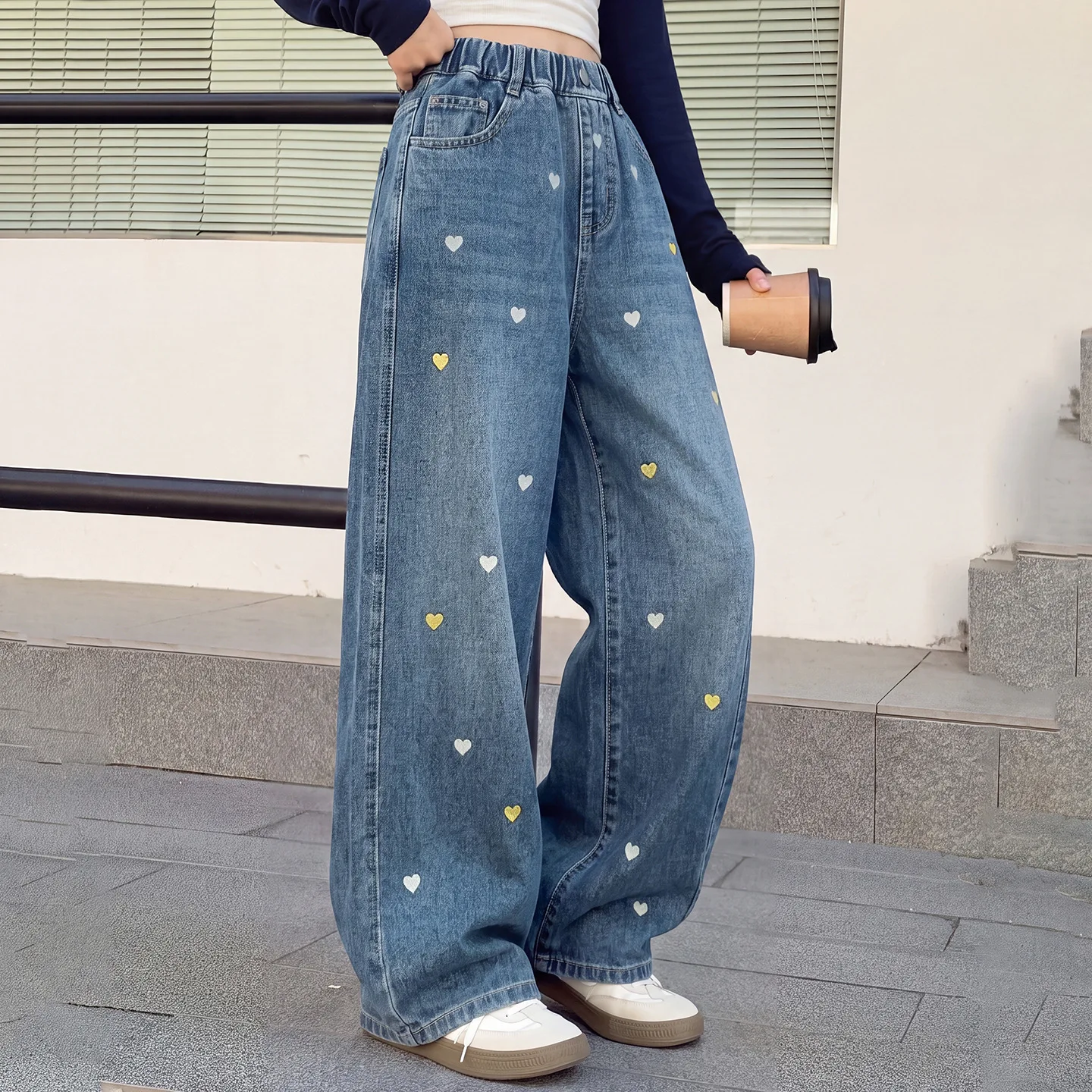 Autumn Teenager Girls Wide-leg Jeans 4 6 8 10 12 -14 Junior Printed love-shaped Straight Leg Pants Children Trousers Clothes