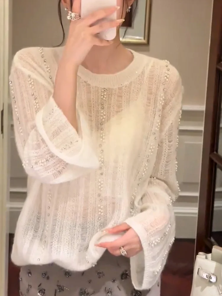 

Корейский свитер-кардиган из ажурной вязки с бусинами, осенняя новинка, большие размеры, универсальный, стройнящий, женский топ-свитер