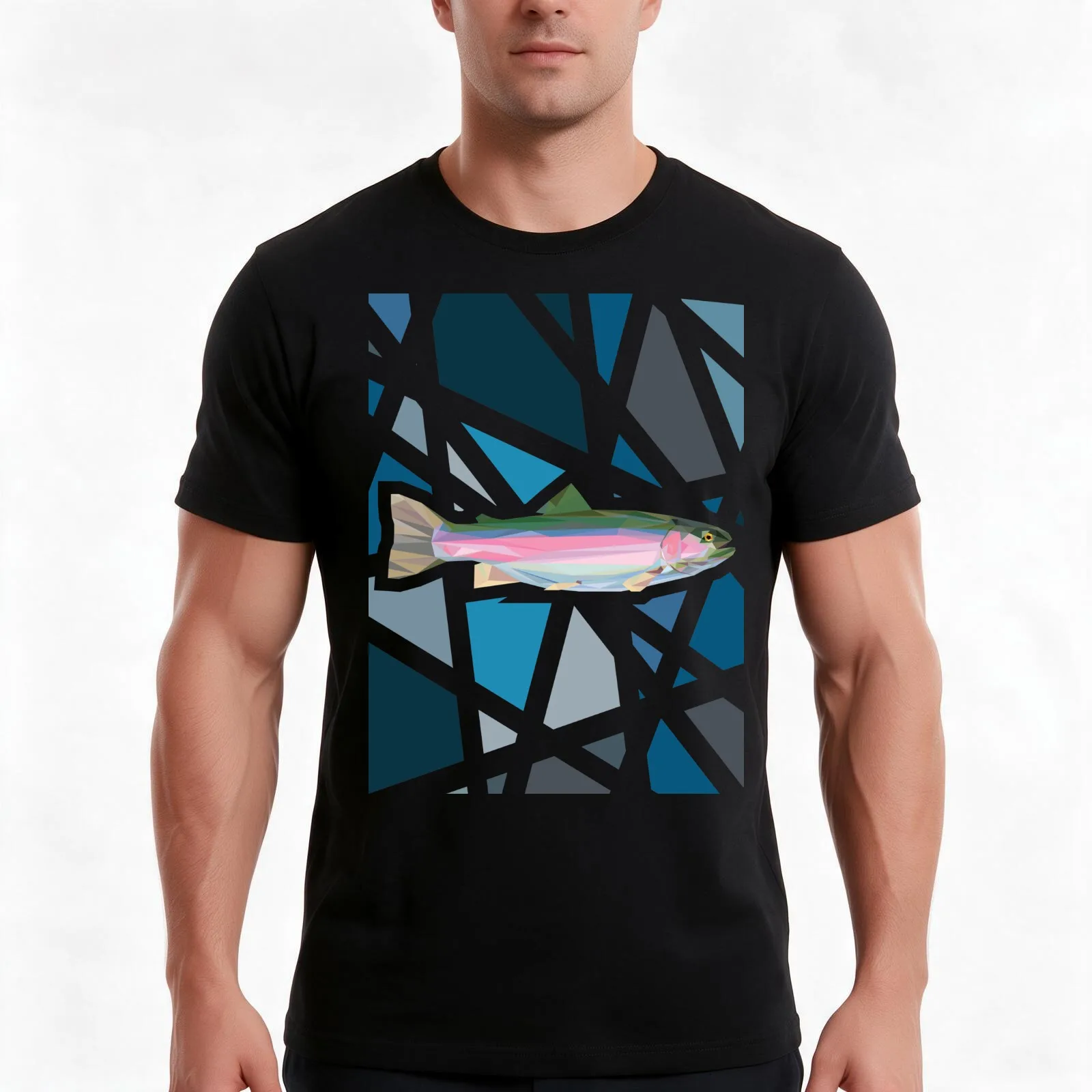 Rainbow Trout Mosaic T-Shirt, Summer Casual Cotton Tee, Oversized Streetwear Tops, Vintage Graphic Print, Loose Fit Short Sleeve