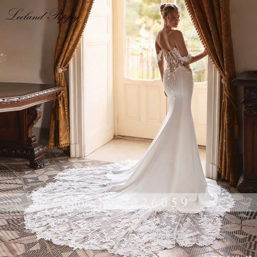 Lceland Poppy Customized Sexy Lace Mermaid Wedding Dresses Illusion Off the Shoulder Bridal Gowns with Chapel Train