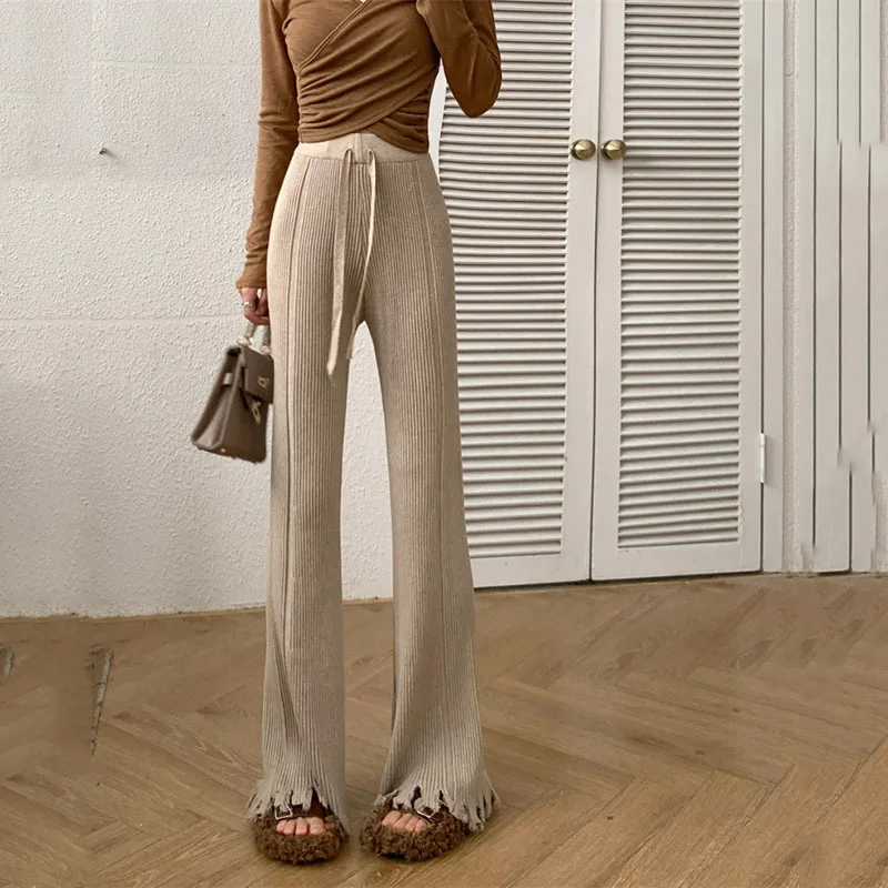 Tassel Korean Style Women Straight Knitted Pants  Bottoms Floor-length Trousers Causal Baggy High Waisted Drawstring Pants