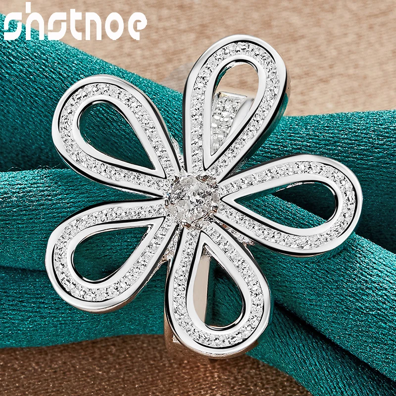 SHSTONE 925 Sterling Silver rings AAA Zircon Five Petal Big Flower Ring For Women Bridal Wedding Engagement Bands Noble Jewelry