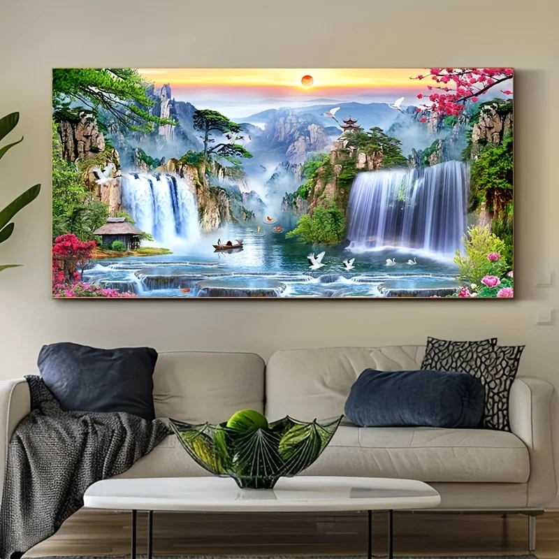 

1pc Frameless Chinese Landscape Wall Art Canvas, Abstract Waterfall Scenery Print, Retro Poster for Living Room, Bedroom, Decor