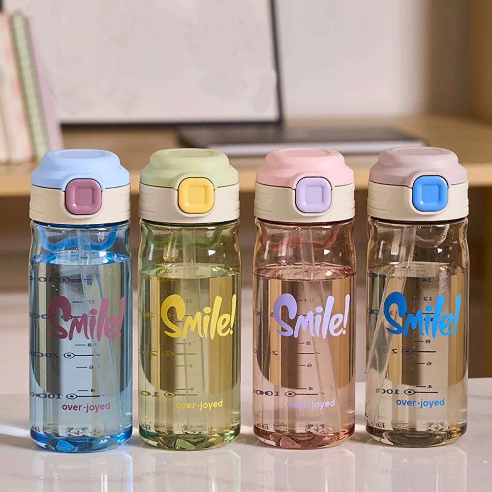 700ML BPA Free Leakproof Smile Water Bottle With Straw Time Marker Transparent Drinking Bottle School Office Travel Outdoor Gym