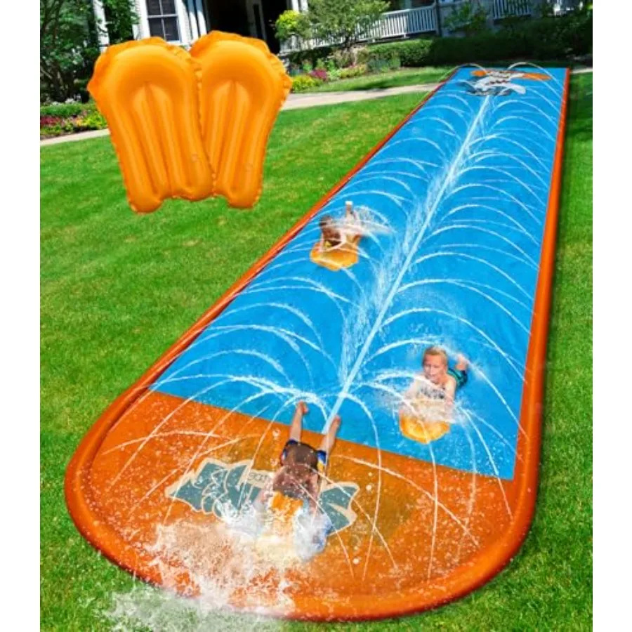 

Backyard water slide for kids ages 5-12 PVC material blue and yellow dual-lane 22ft inflatable with sprinkler and bodyboards fo