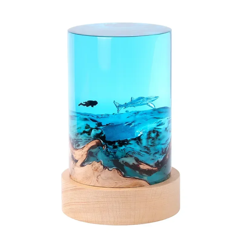 Modern Round Resin Table Lamp with Epoxy Wood Base LED Night Light for Bedroom Reading Desk Home Decor Creative Design Gift