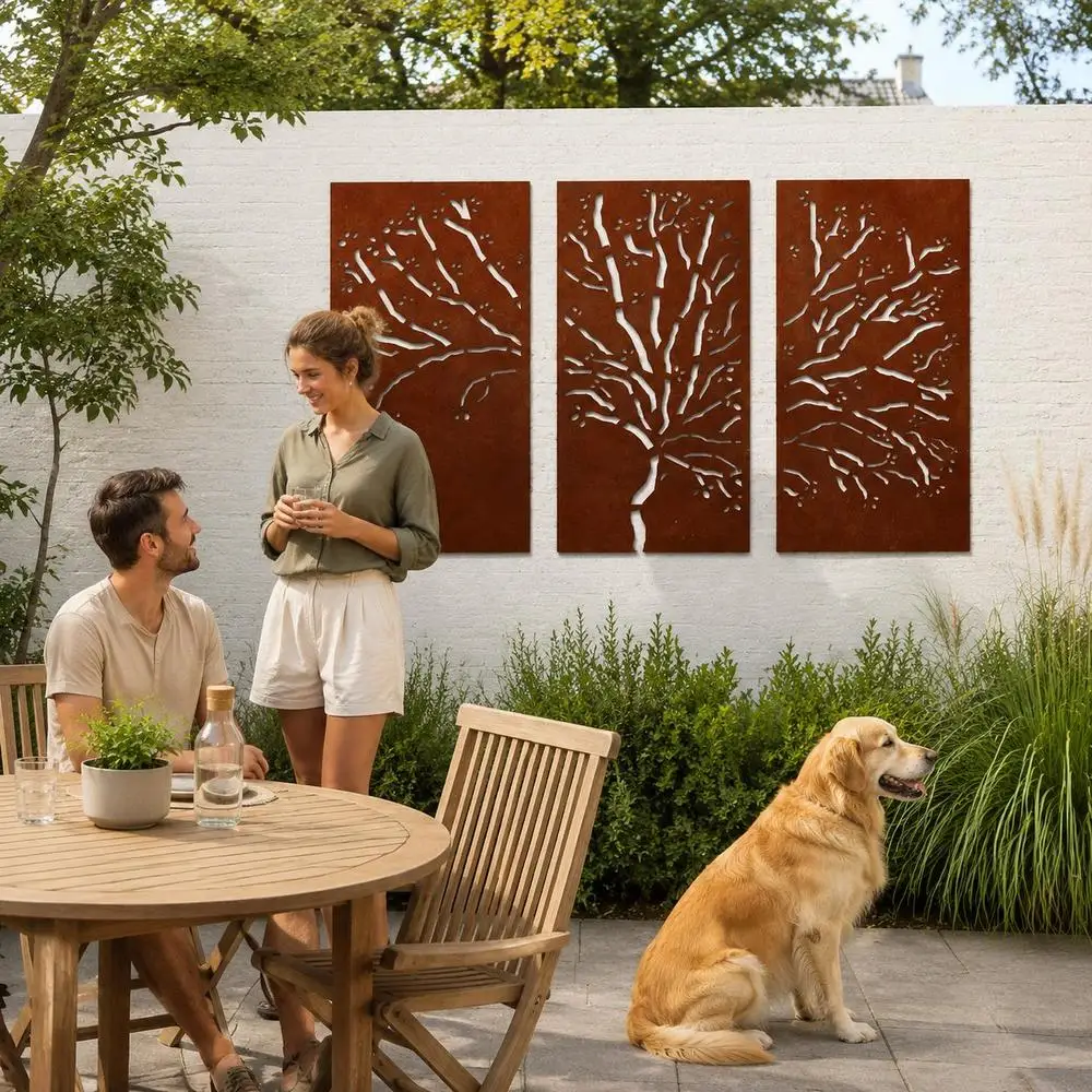 Ensemble de 3 décorations murales de jardin en acier Corten, design arbre 105 x 55 cm, ornement mural extérieur en métal rouillé pour terrasse, cour, balcon et jardin, art décoratif moderne style nature, silhouette élégante résistante aux intempéries pour