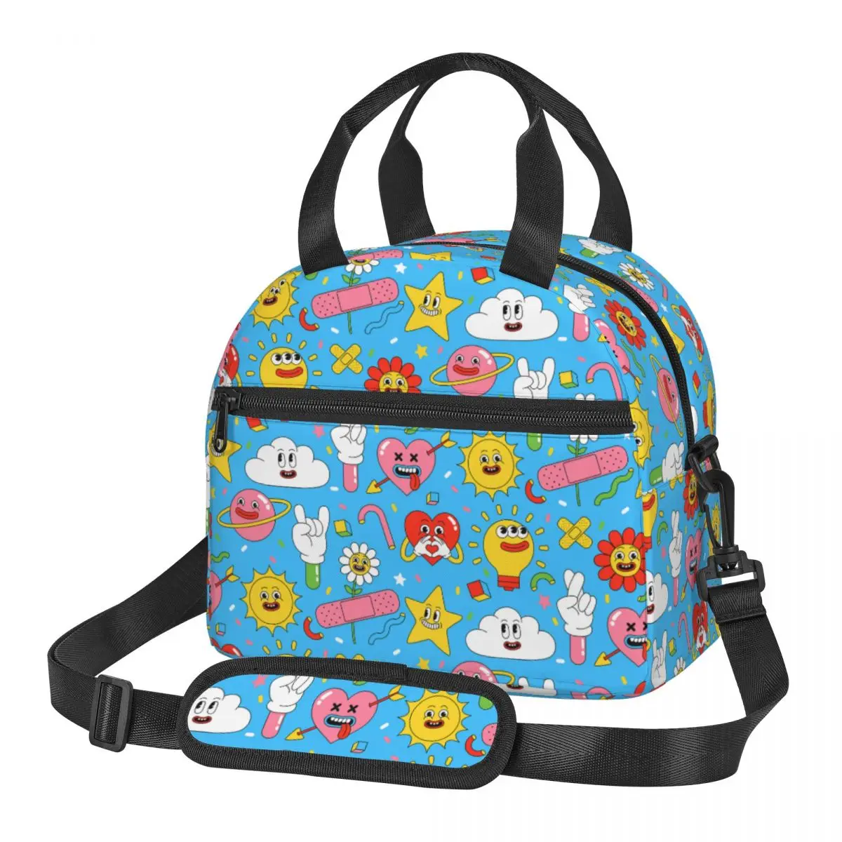 

Cartoon Comic Heart Planet Accessories Large Insulated Lunch Bags With Adjustable Shoulder Strap Funny Thermal Cooler Lunch Box