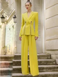 Yellow Pants Set 2024 New Designer Blazer with Diamond Striped Split Suit Jacket Straight Trouser Two Piece Set Outfits Women