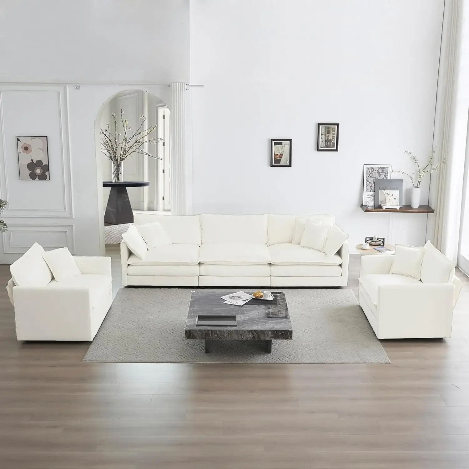 Luxury 3 Piece Sofa Set, 2 Pieces of Single Sofa and 1 Piece of 3 Seater Sofa, Modern Chenille Comfy Cloud Couches Set