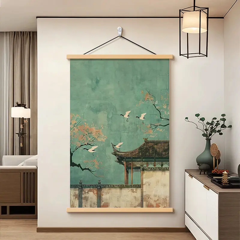 Wabi Sabi Wall Art – Chinese Landscape Scroll with Flying Cranes, New Oriental Aesthetic for Zen Nook & Meditation Space