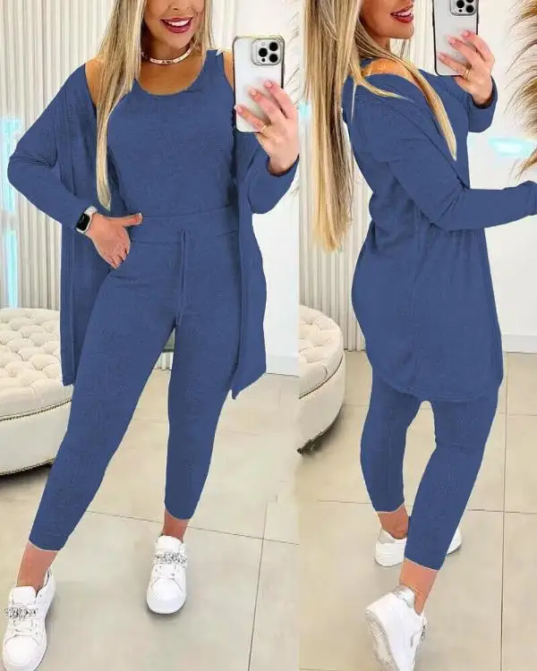 Elegant Fall Outfits Women 2023 Suit Fashion Versatile Casual Round Neck Tank Top & Drawstring Pants Set with Coat Three-piece