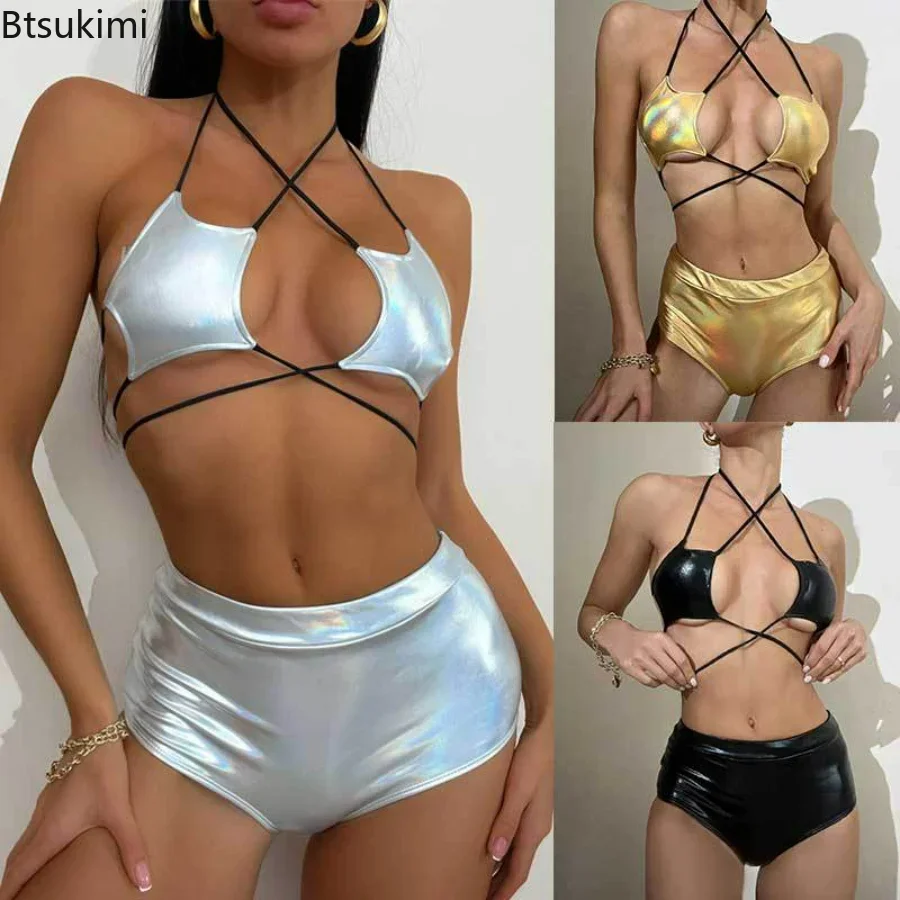 2024 Frauen Sommer sexy Bikini setzt Pailletten Silber fünfzackigen Stern aus geschnitten Criss Cross Badeanzug mit hoher Taille weiblichen Badeanzug