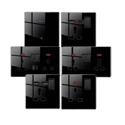 UK EU Standard Wall Light Switch Power Plug Socket Type C 2usb Socket Black All Tempered Glass Panel 13A 3Pin Socket 2USB TypeC