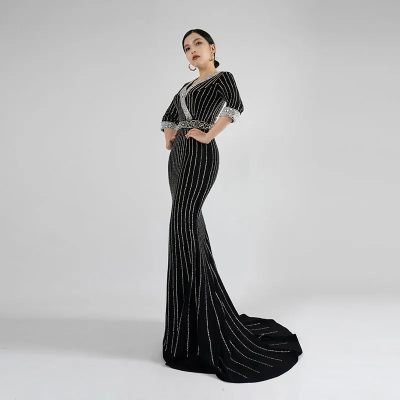 Baisha Luxury Evening Dress Rhinestones Beaded V Neck Long Dress Celebrity Party Costumes H392