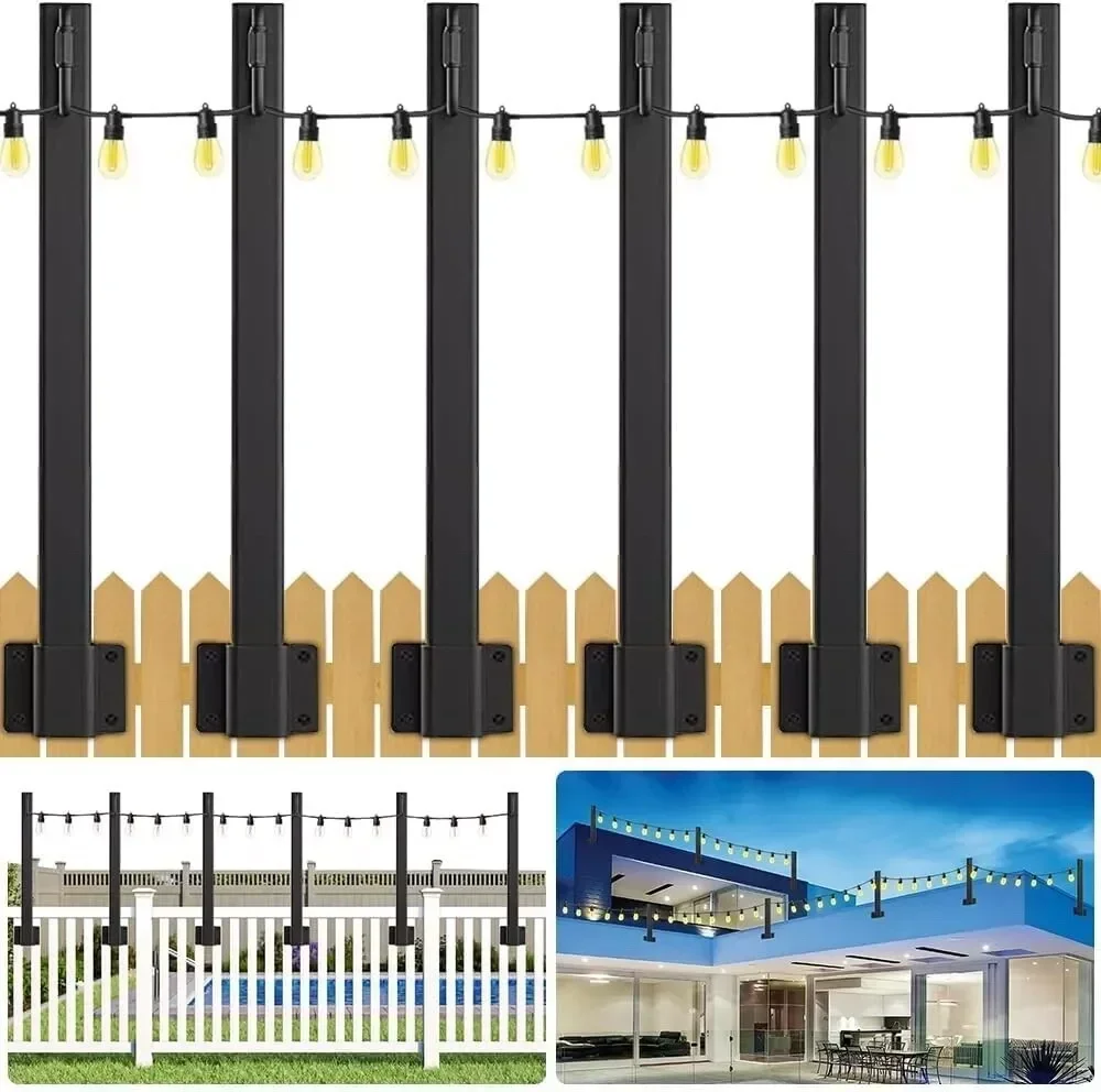 4Pcs String Light Poles For Outside String Lights Metal Hanging Poles Stand with with Fixing Clips and Suspended for Fence