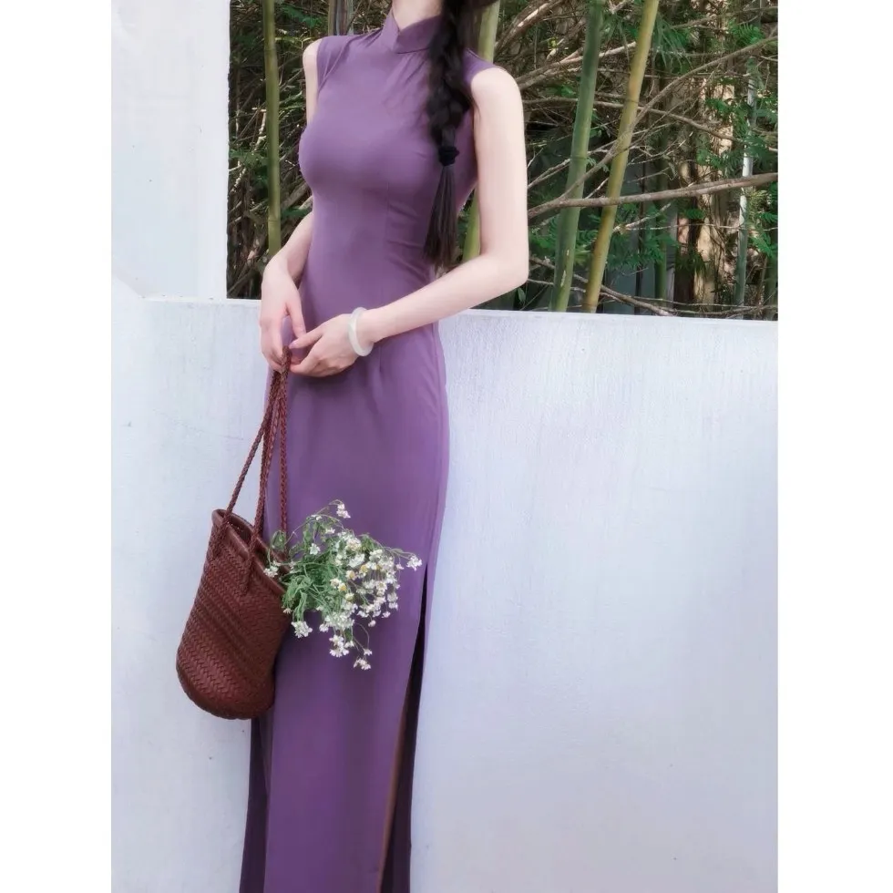Purple Modified Cheongsam Dress Women Elegant Slim Fit Temperament Vintage Qipao for Daily Party  Вечерние Платья CH-172