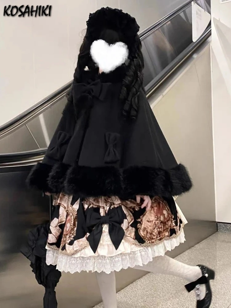 Japanese Lolita Cloak Coats Y2k Aesthetic Furry Patchwork Loose Cute Hooded