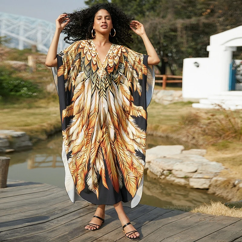 Schmetterling Langarm Kaftan V-Ausschnitt tropische Mode schicke Frauen Maxi kleid verträumt lebendige bunte Kaftan Boho lose Vertuschungen