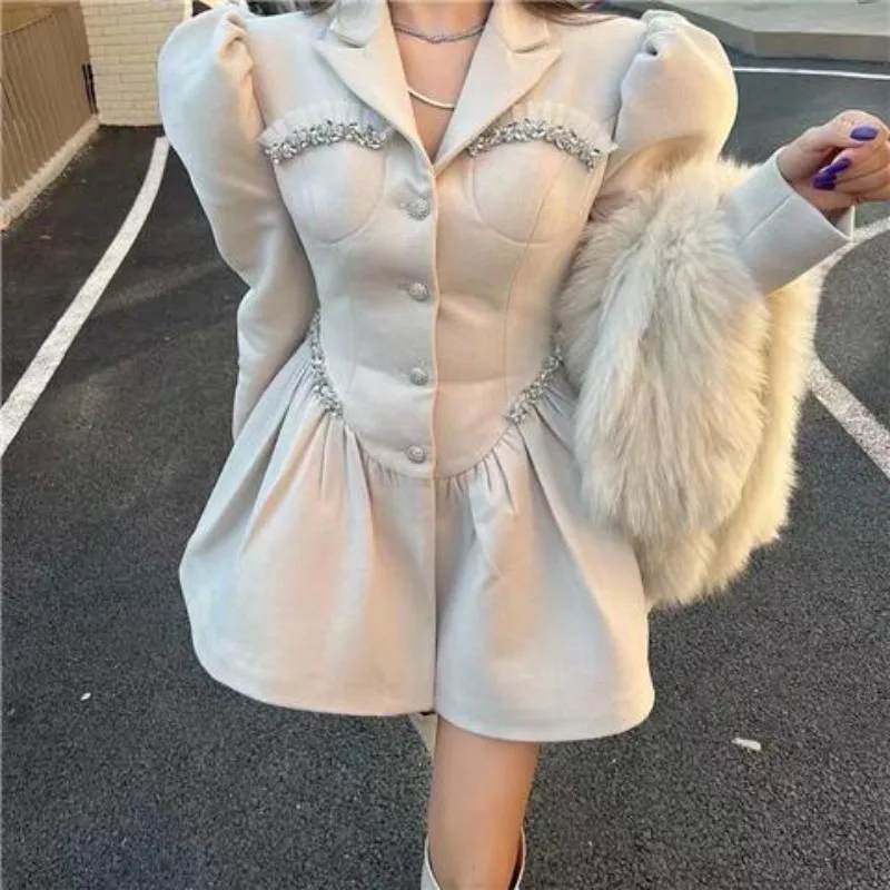 2025 Autumn New Korean-style Wool Blend Coat for Women, Sweet Puff Pleated Skirt, Slim-fit Woolen Suit Dress