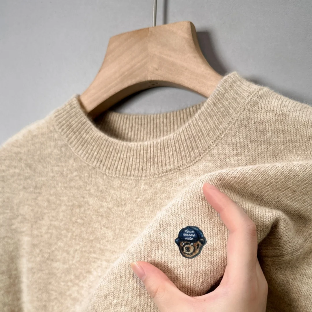 

O-Neck Sweater Cartoon Bear Embroidery Men's Knitted Wool Pullover Design Brand Winter Warm Soft Casual Trend Hot Sale Menswear