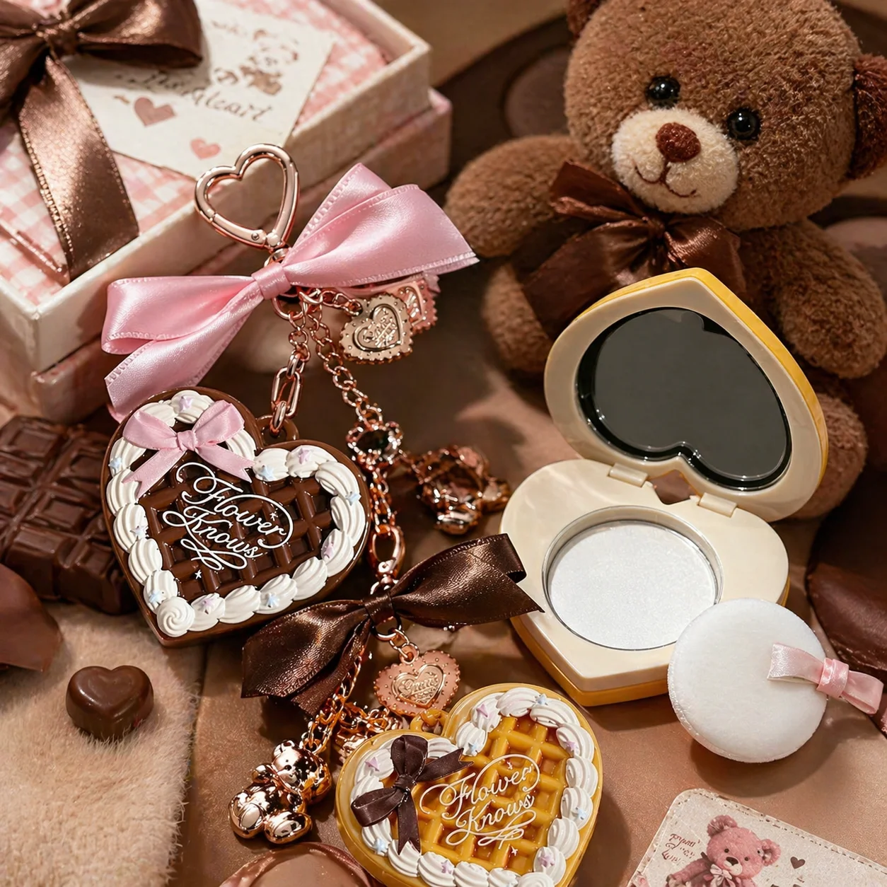 Flower Knows Sweetie Bear portable pressed powder compact keychain cute makeup mini travel friendly oil control setting powder