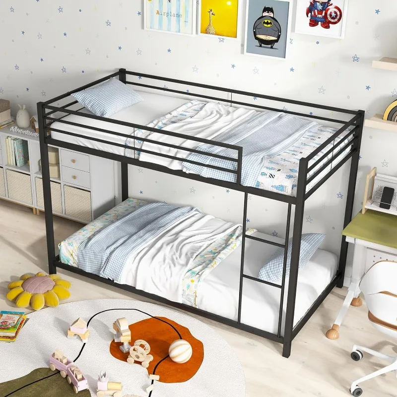 Twin Over Twin Metal Bunk Beds, Heavy Duty Bed Frame with Safety Guard Rail & Ladder, Low Floor Bunk Bed