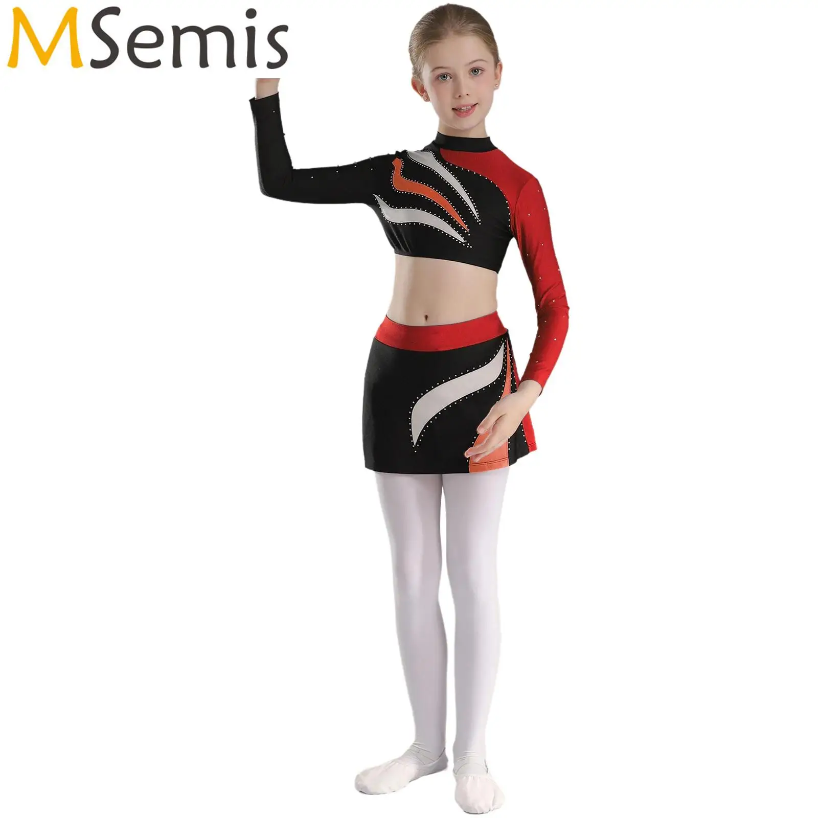 Kids Girls Cheerleading Dance Outfits Crop Top Keyhole Back Shiny Rhinestones Tops with Skirt Gymnastics Figure Skating Costume