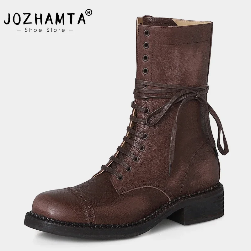 JOZHAMTA Size 34-42 Women Ankle High Boots Genuine Leather Lace-Up Thick Heels Shoes Fall Winter Platform Chelsea Short Booties