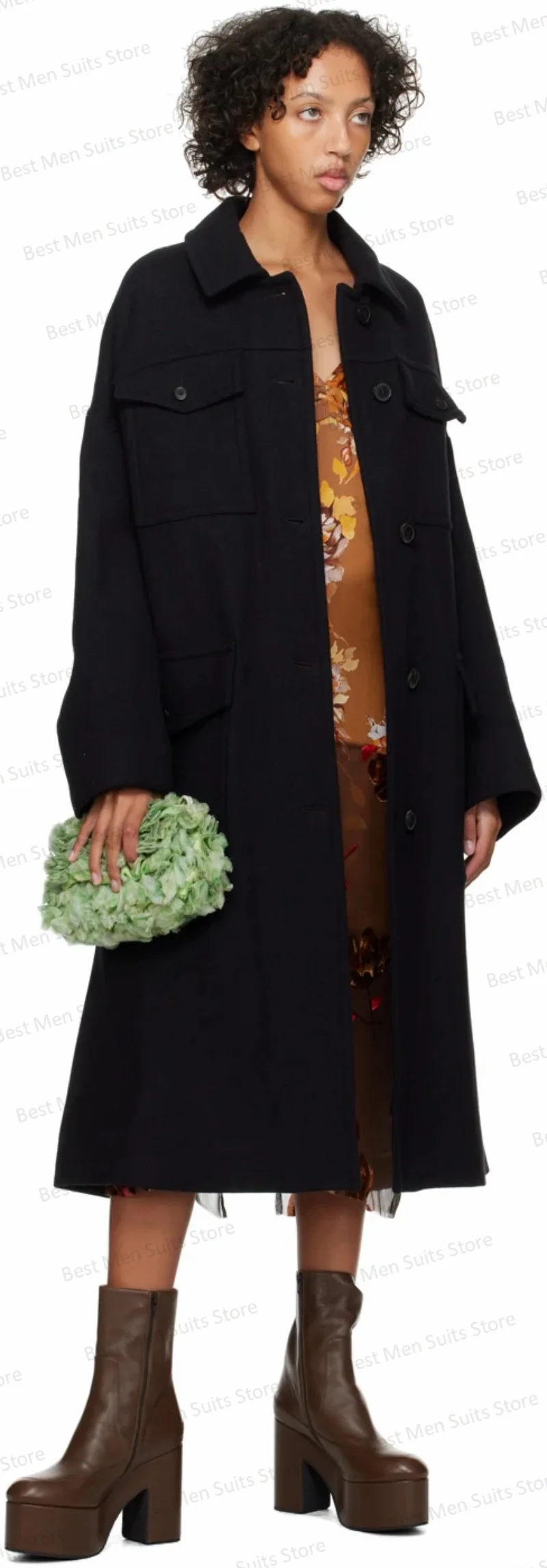 Black Woolen Women Suits Blazer Turndown Collar Long Overcoat Jacket Formal Winter Thick Cashmere  Custom Made Prom Dress