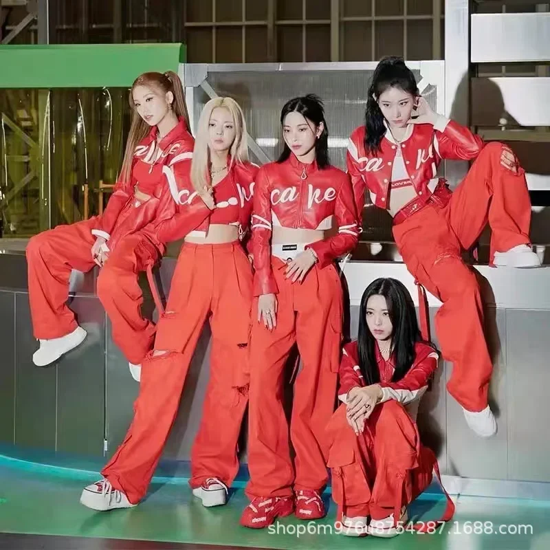Kpop Women Group Jazz Dance Costume Outfit Sexy Red Zipper Jackets Straight Wide Leg Pants Performance Clothes Korean Stage Wear