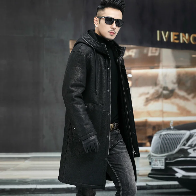 

Original Ecology Mens Hooded Sherling Coat Genuine Leather Jacket Male X-Long Trench Coats Sheepskin Fur Clothing