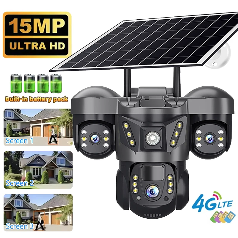 

15MP Triple Lens 4G SIM Solar Camera Outdoor Three Screen CCTV PIR Motion Detection Security Surveillance Waterproof IP Camera