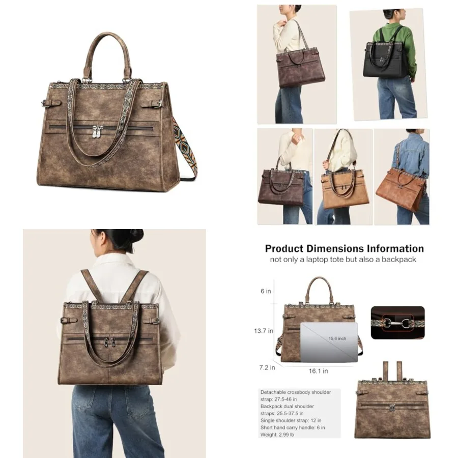 FADEON Laptop Bag for Women Designer PU Leather Large Tote Bags Backpack Purses with 15.6 Laptop Compartment Shoulder Handbag