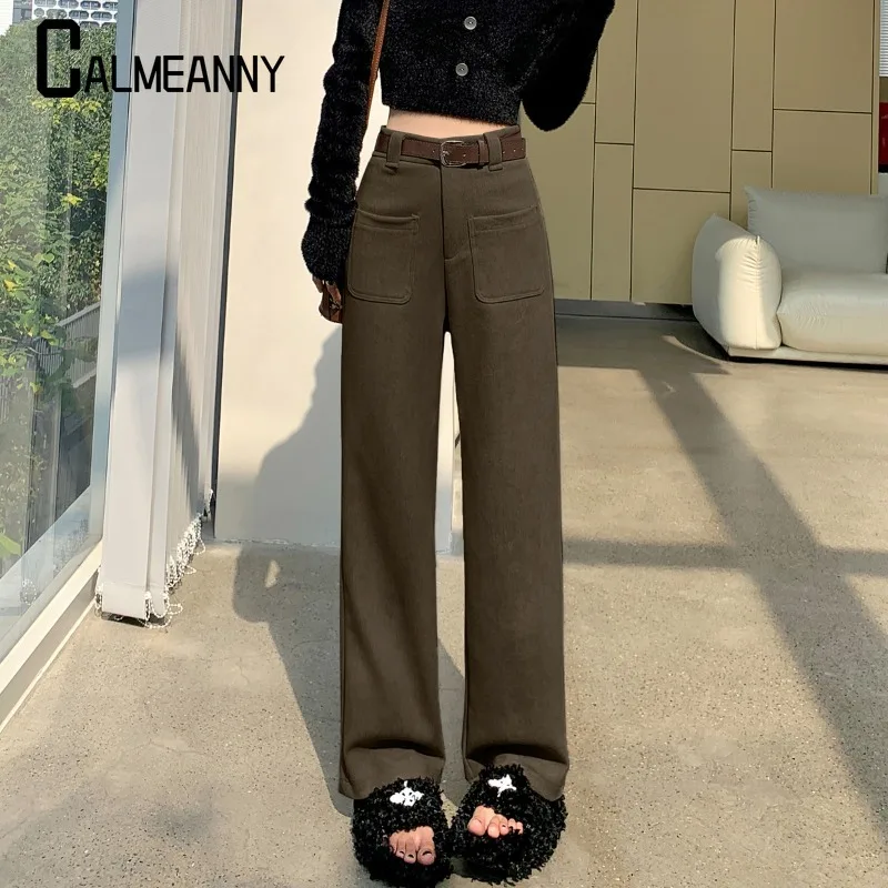 Simple 2024 Autumn Winter Thick Warm Woolen Wide Leg Pants Women's Solid Zipper Button Pocket High Waist Straight Trousers