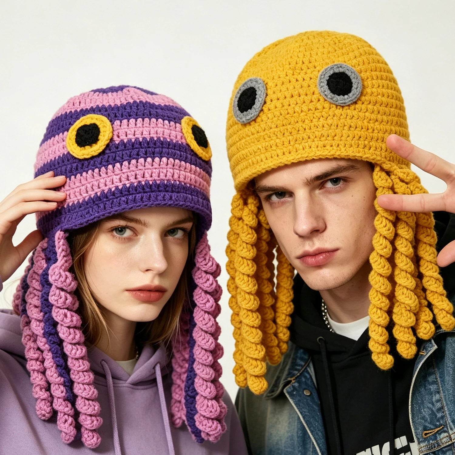 Women Handmade Crocheted Cartoon Octopus Pullover Hat Striped Tentacle Knitted Cap Halloween Cos Y2k Winter Man Tentacle Hat