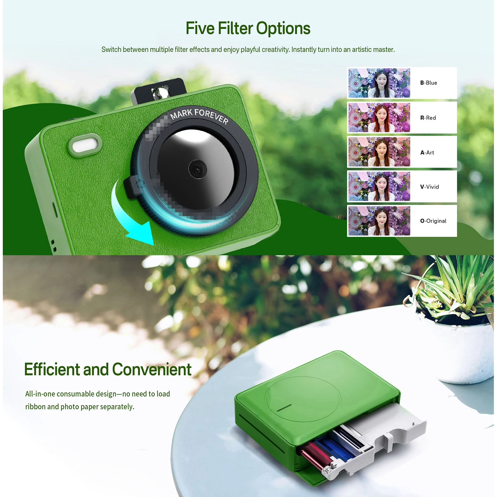 

Z5 Portable Photo Printer Instant Camera 271 Dpi Resolution 5 Filters LED Flash Light 5000K-6000K Color Temperature w/10 Sheets