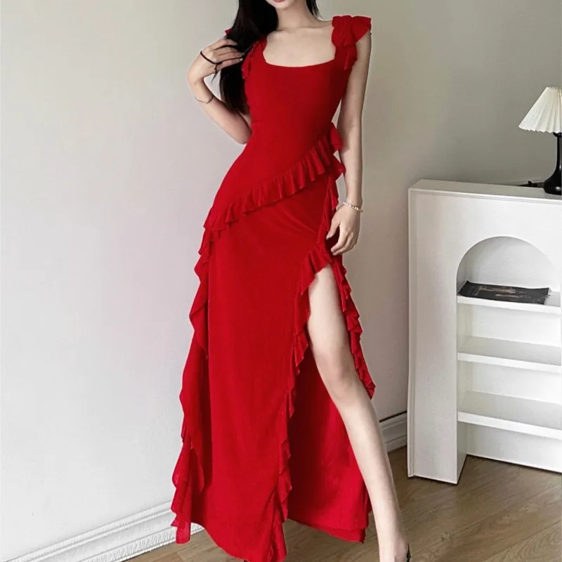 Feminine Flounced Stitching Square Collar Dress Female Temperament Slit Slimming Midi