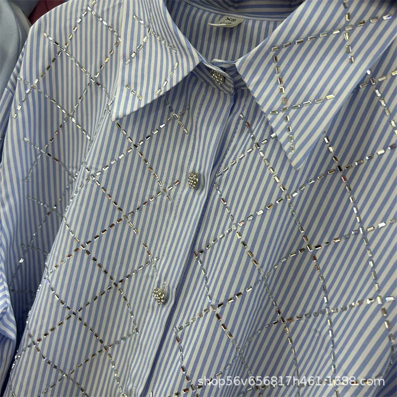 Women Hot Drilling Grids Diamonds Striped Shirts Casual Loose Plaids Crystal Blouse Long Sleeved Single Breasted Cardigan Tops