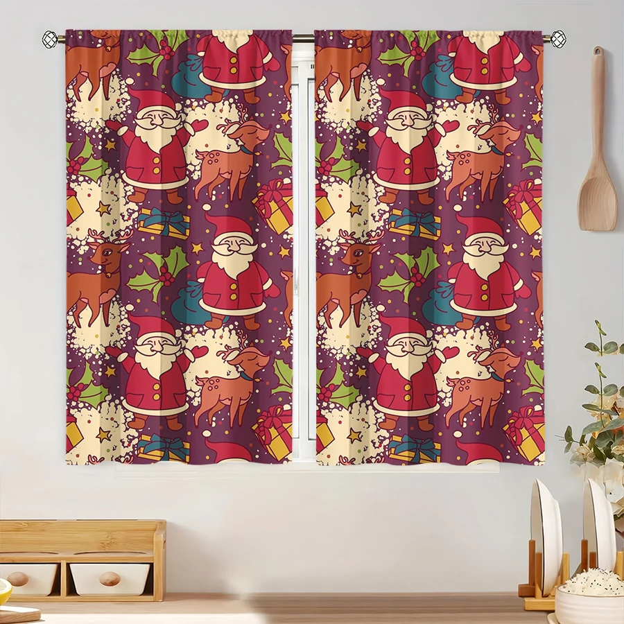 2PCS Digital Print Curtain, Cartoon Santa and Reindeer with Gift Boxes, Holly and Stars on Purple, Cute, for Window Home Decor
