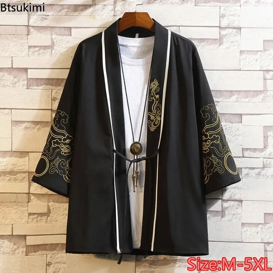 2026 Men's Kimono Cardigan Lace Up Tops Chinese Style Traditional Clothing Vintage Embroiderd Thin Jacket Man Hanfu Big Size 5XL