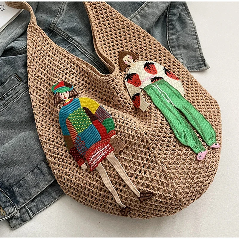 Hohle gestrickte Umhängetasche aus Netzstoff, Strandurlaub, lässige, schicke Cartoon-Einkaufstasche, leichte, lässige, gewebte Damenhandtasche mit Entspannung – Detail 5