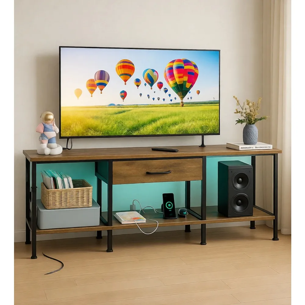 

LED TV Stand with Power Outlet and Fabric Drawer for 50 to 55 Inch Screens Industrial Entertainment Center Rustic Brown