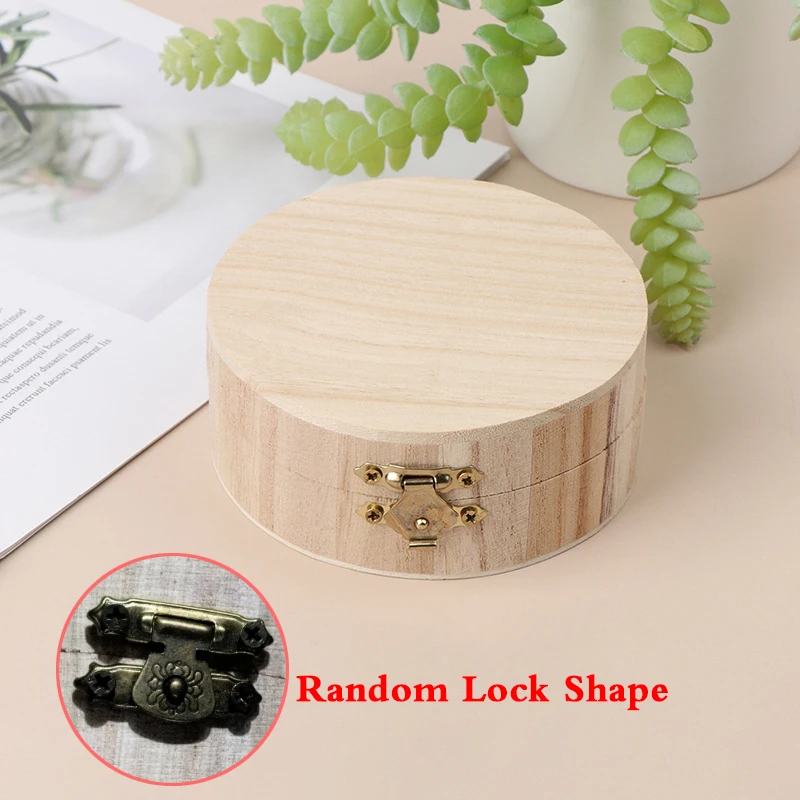 Vintage Round Wooden Jewelry Box Organizer Craft Mud Base Lid Lock Storage Case
