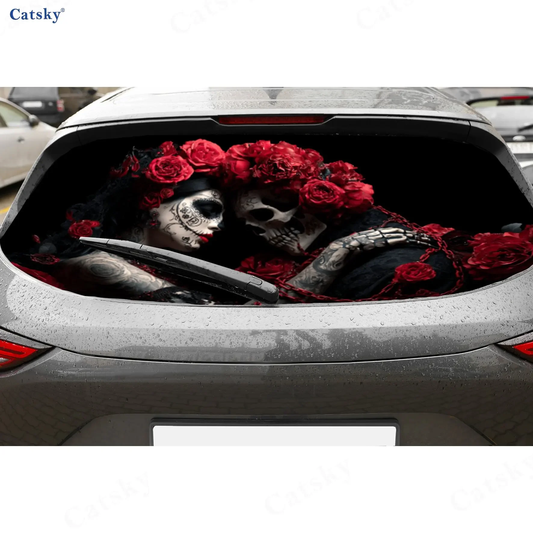 Death Lovers Skull PVC Perforated Car Vinyl Wraps, Durable Car Windshield Sticker, Waterproof Car Window Decal