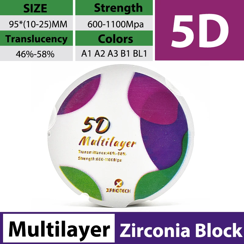 XANGTECH 5D Zirkonzahn Multilayer Zirconia Block 95MM Discs High Translucency 46-58% Strength 1000Mpa 16 Colors Dental Materials