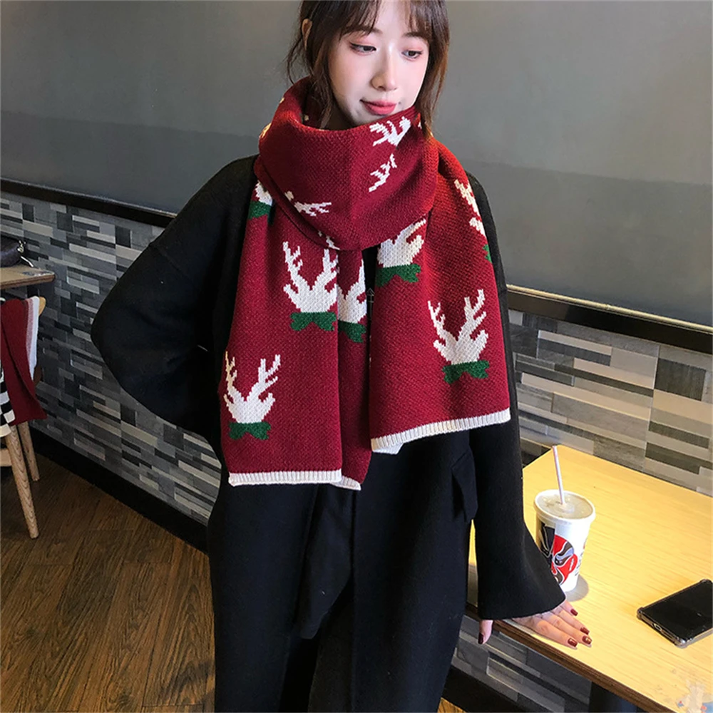 Little antler cute girl student ins winter warm cartoon knit scarf Christmas scarf CN0014