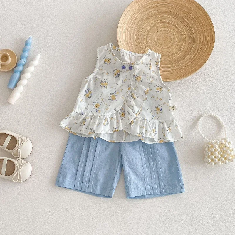 

2025 New Summer Style Children's Floral Flyedge Decorative Top and Solid Color Casual Pants Two Piece Set
